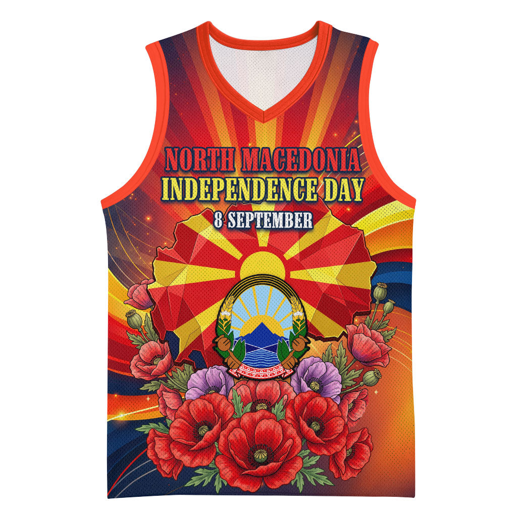 North Macedonia Independence Day Basketball Jersey Balkan Lynx Red Poppy Flowers Church Flag