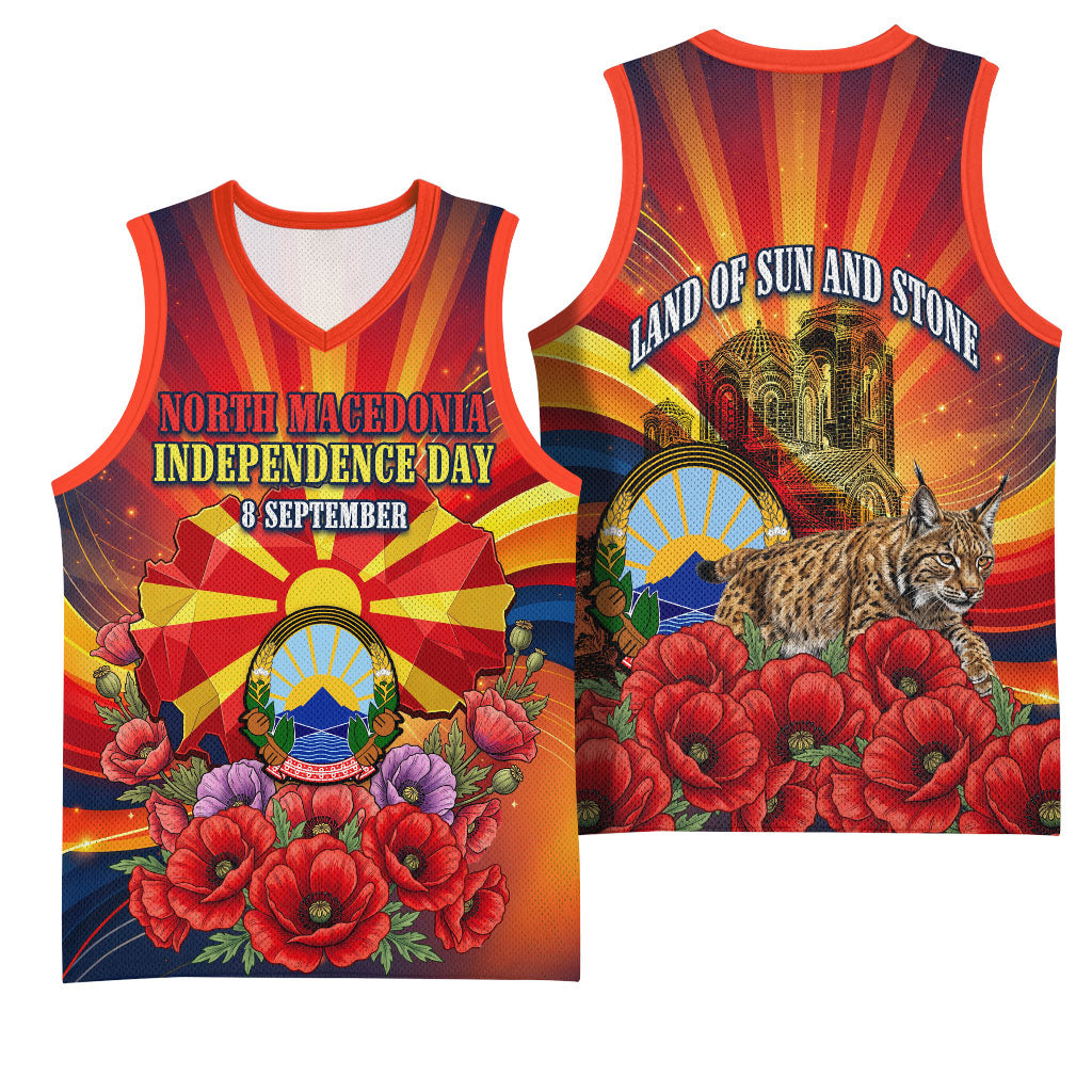 North Macedonia Independence Day Basketball Jersey Balkan Lynx Red Poppy Flowers Church Flag