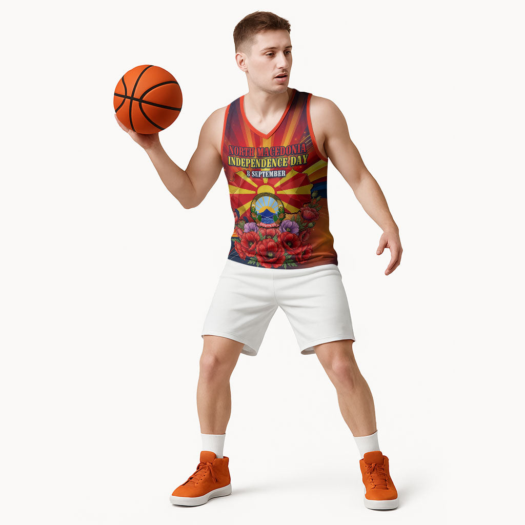 North Macedonia Independence Day Basketball Jersey Balkan Lynx Red Poppy Flowers Church Flag