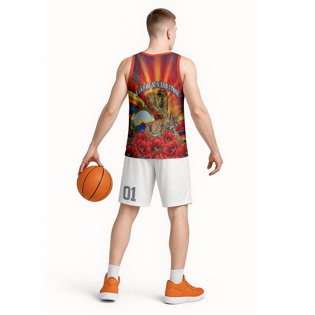 North Macedonia Independence Day Basketball Jersey Balkan Lynx Red Poppy Flowers Church Flag