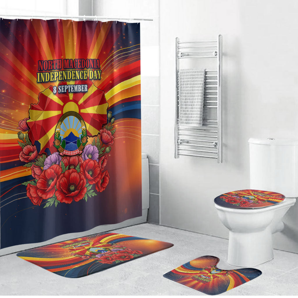 North Macedonia Independence Day Bathroom Set Balkan Lynx Red Poppy Flowers Church Flag