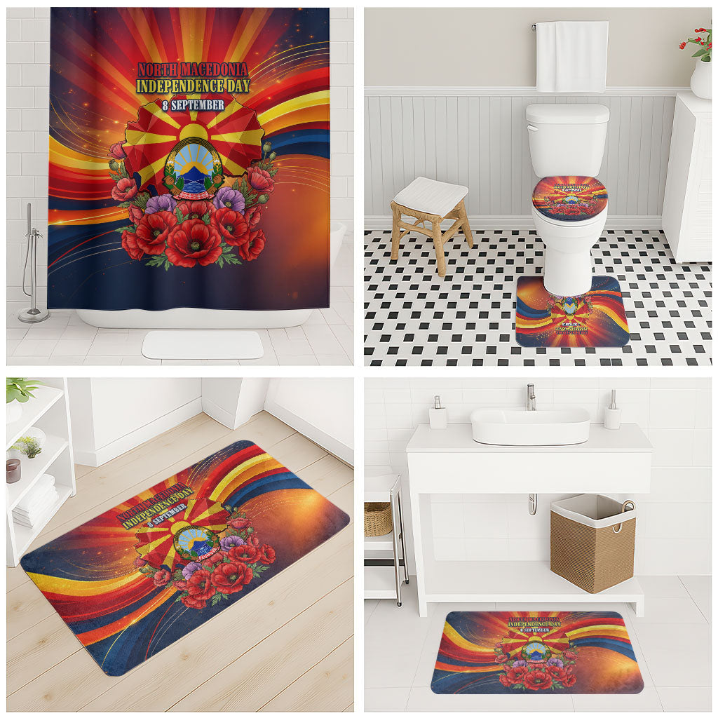 North Macedonia Independence Day Bathroom Set Balkan Lynx Red Poppy Flowers Church Flag