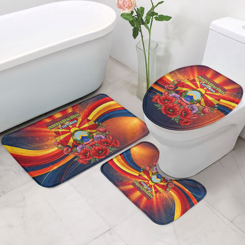 North Macedonia Independence Day Bathroom Set Balkan Lynx Red Poppy Flowers Church Flag