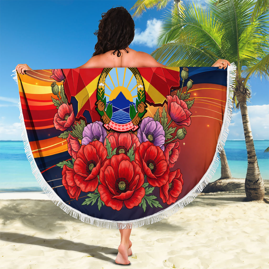 North Macedonia Independence Day Beach Blanket Balkan Lynx Red Poppy Flowers Church Flag