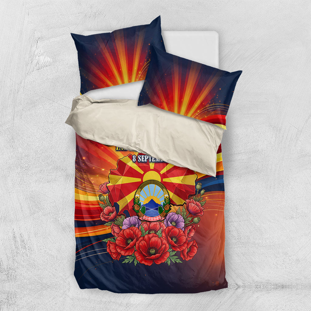 North Macedonia Independence Day Bedding Set Balkan Lynx Red Poppy Flowers Church Flag