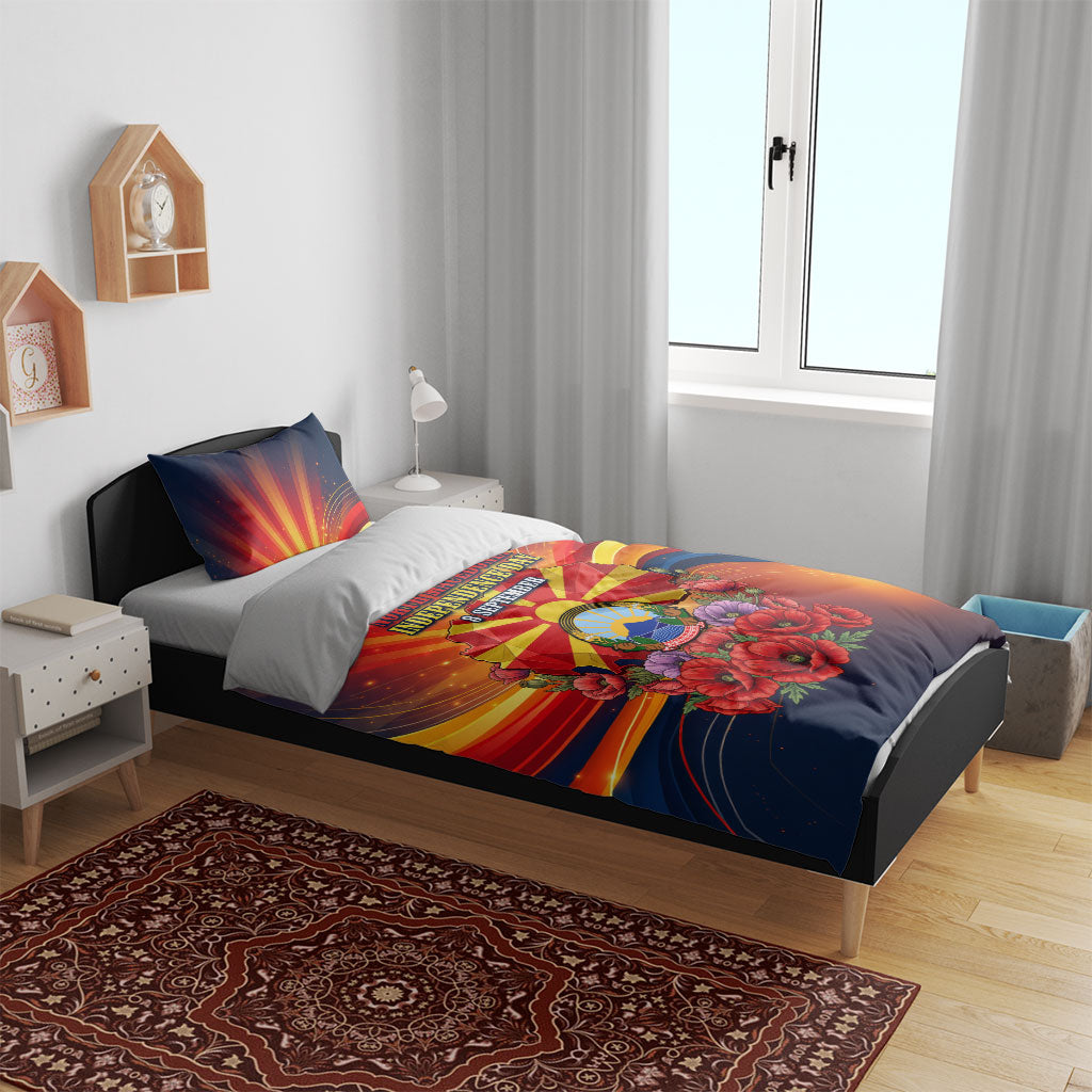 North Macedonia Independence Day Bedding Set Balkan Lynx Red Poppy Flowers Church Flag
