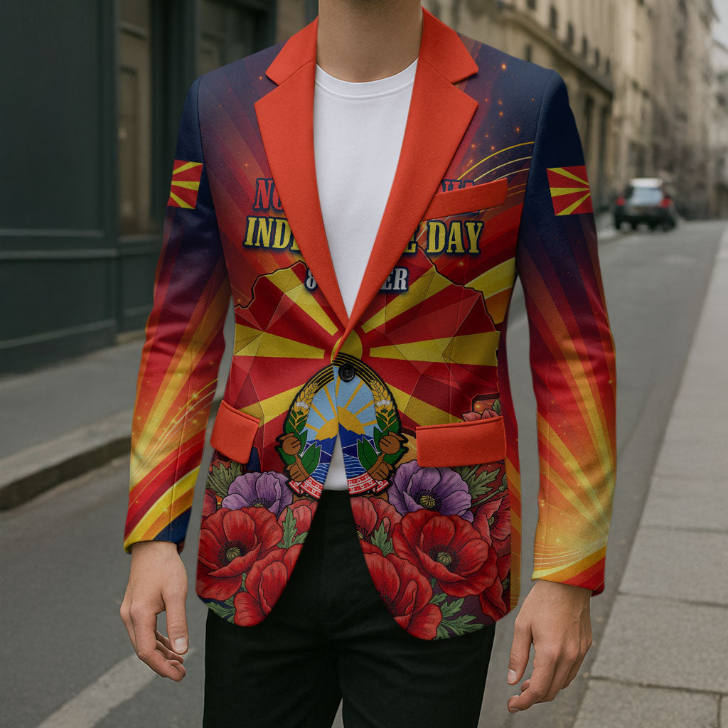 North Macedonia Independence Day Blazer Balkan Lynx Red Poppy Flowers Church Flag