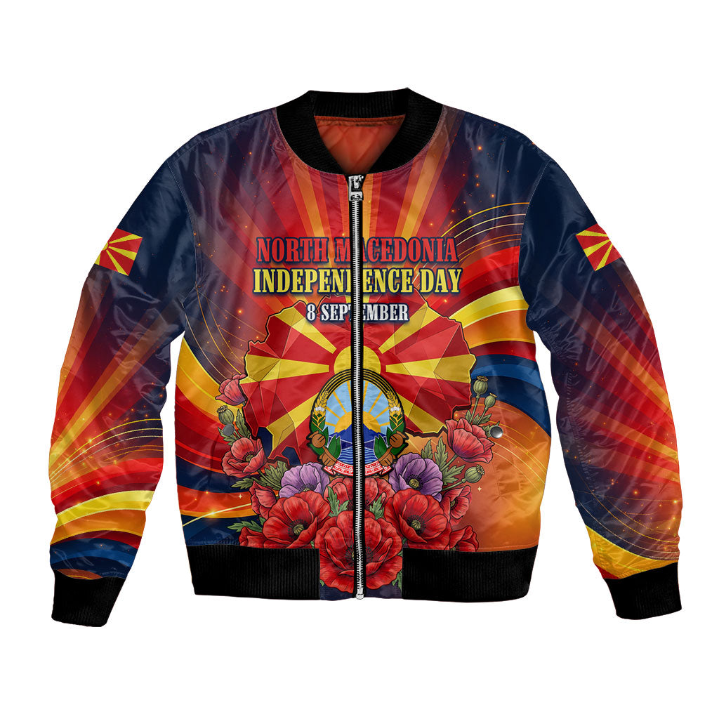 North Macedonia Independence Day Bomber Jacket Balkan Lynx Red Poppy Flowers Church Flag