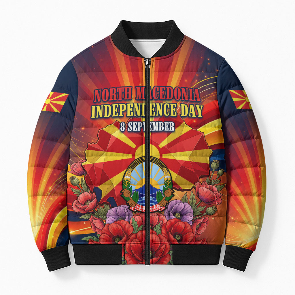 North Macedonia Independence Day Bomber Puffer Jacket Balkan Lynx Red Poppy Flowers Church Flag
