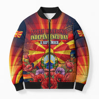 North Macedonia Independence Day Bomber Puffer Jacket Balkan Lynx Red Poppy Flowers Church Flag