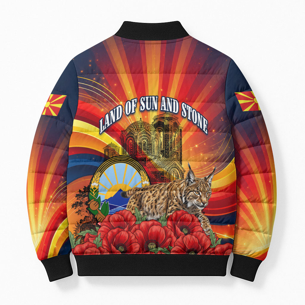 North Macedonia Independence Day Bomber Puffer Jacket Balkan Lynx Red Poppy Flowers Church Flag