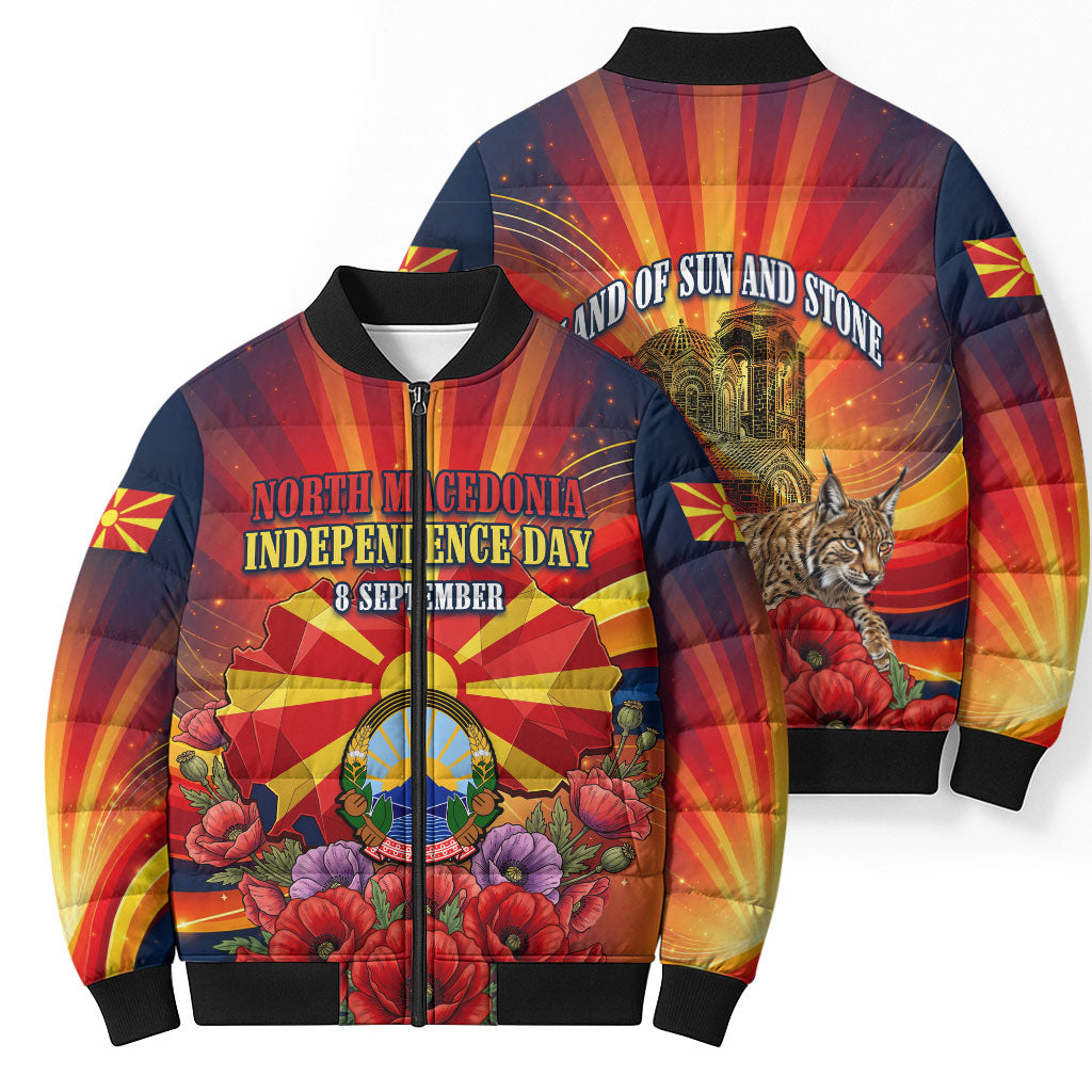North Macedonia Independence Day Bomber Puffer Jacket Balkan Lynx Red Poppy Flowers Church Flag