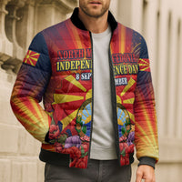 North Macedonia Independence Day Bomber Puffer Jacket Balkan Lynx Red Poppy Flowers Church Flag