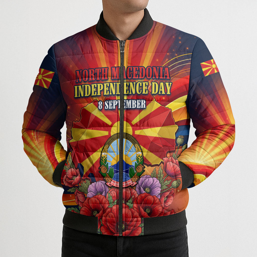 North Macedonia Independence Day Bomber Puffer Jacket Balkan Lynx Red Poppy Flowers Church Flag