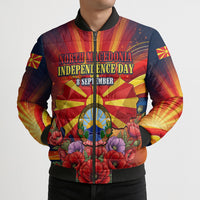 North Macedonia Independence Day Bomber Puffer Jacket Balkan Lynx Red Poppy Flowers Church Flag