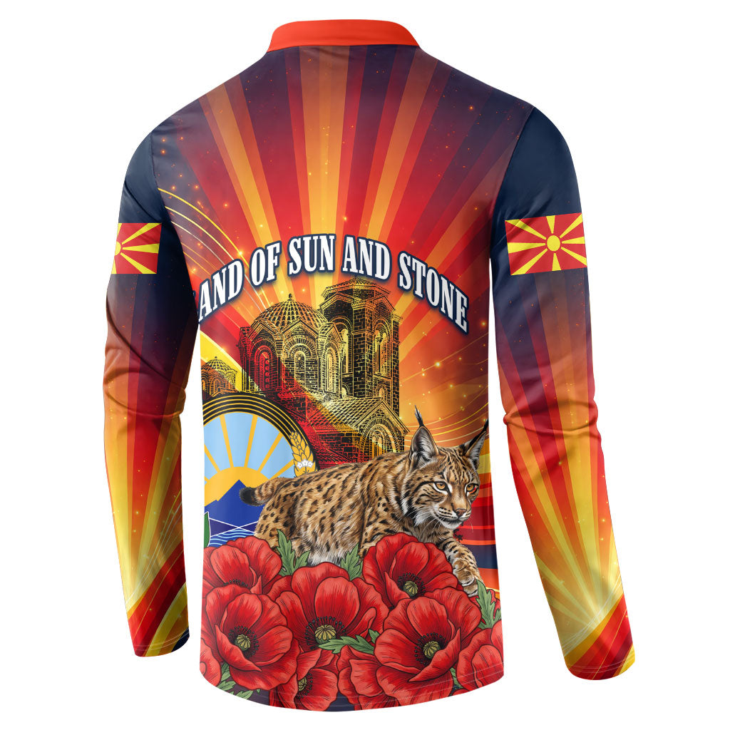 North Macedonia Independence Day Button Sweatshirt Balkan Lynx Red Poppy Flowers Church Flag
