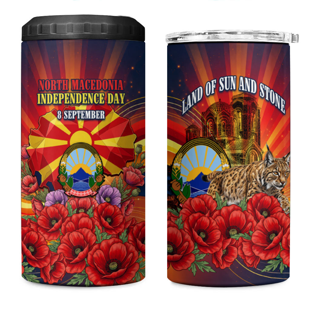 North Macedonia Independence Day 4 in 1 Can Cooler Tumbler Balkan Lynx Red Poppy Flowers Church Flag
