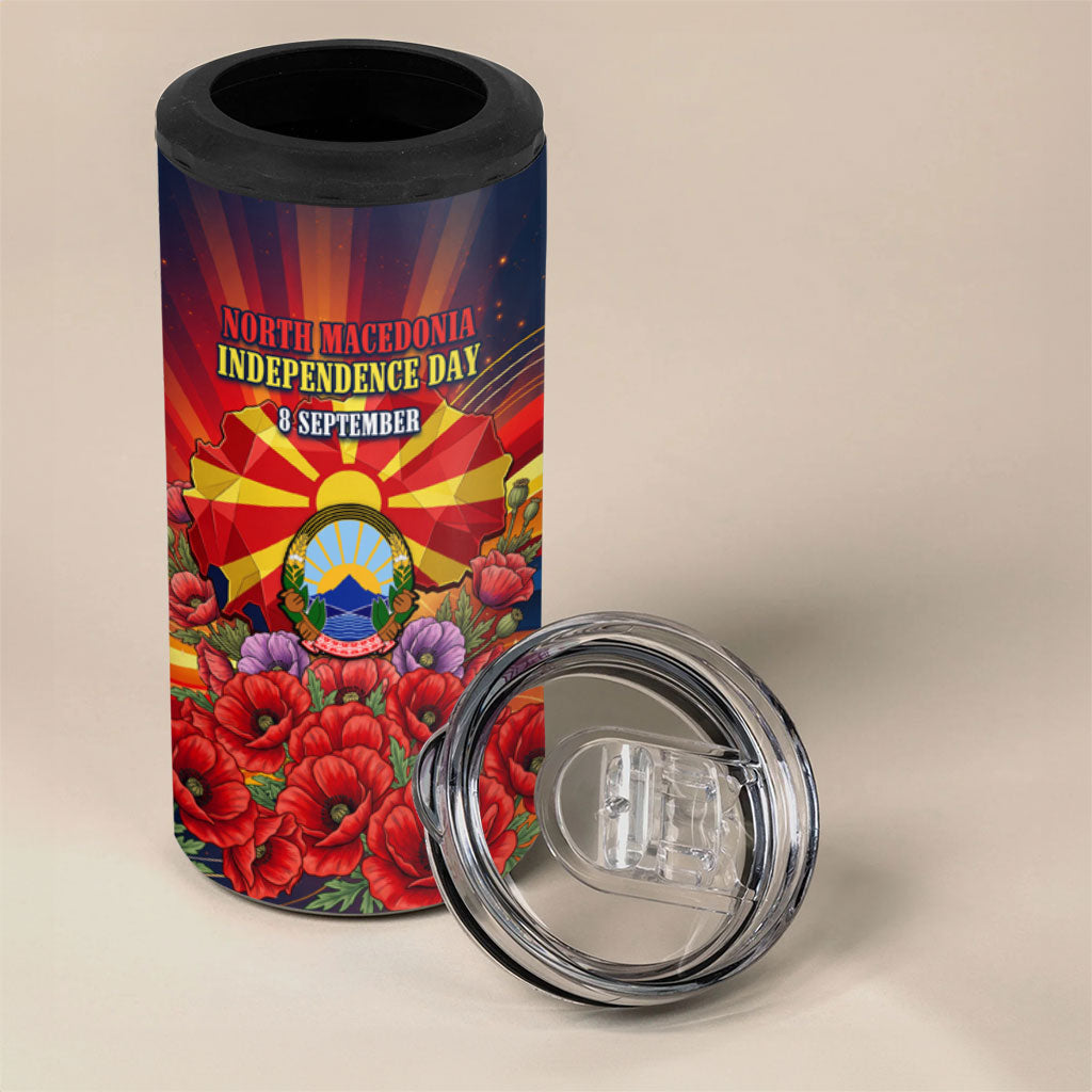 North Macedonia Independence Day 4 in 1 Can Cooler Tumbler Balkan Lynx Red Poppy Flowers Church Flag