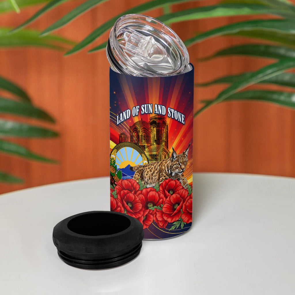 North Macedonia Independence Day 4 in 1 Can Cooler Tumbler Balkan Lynx Red Poppy Flowers Church Flag
