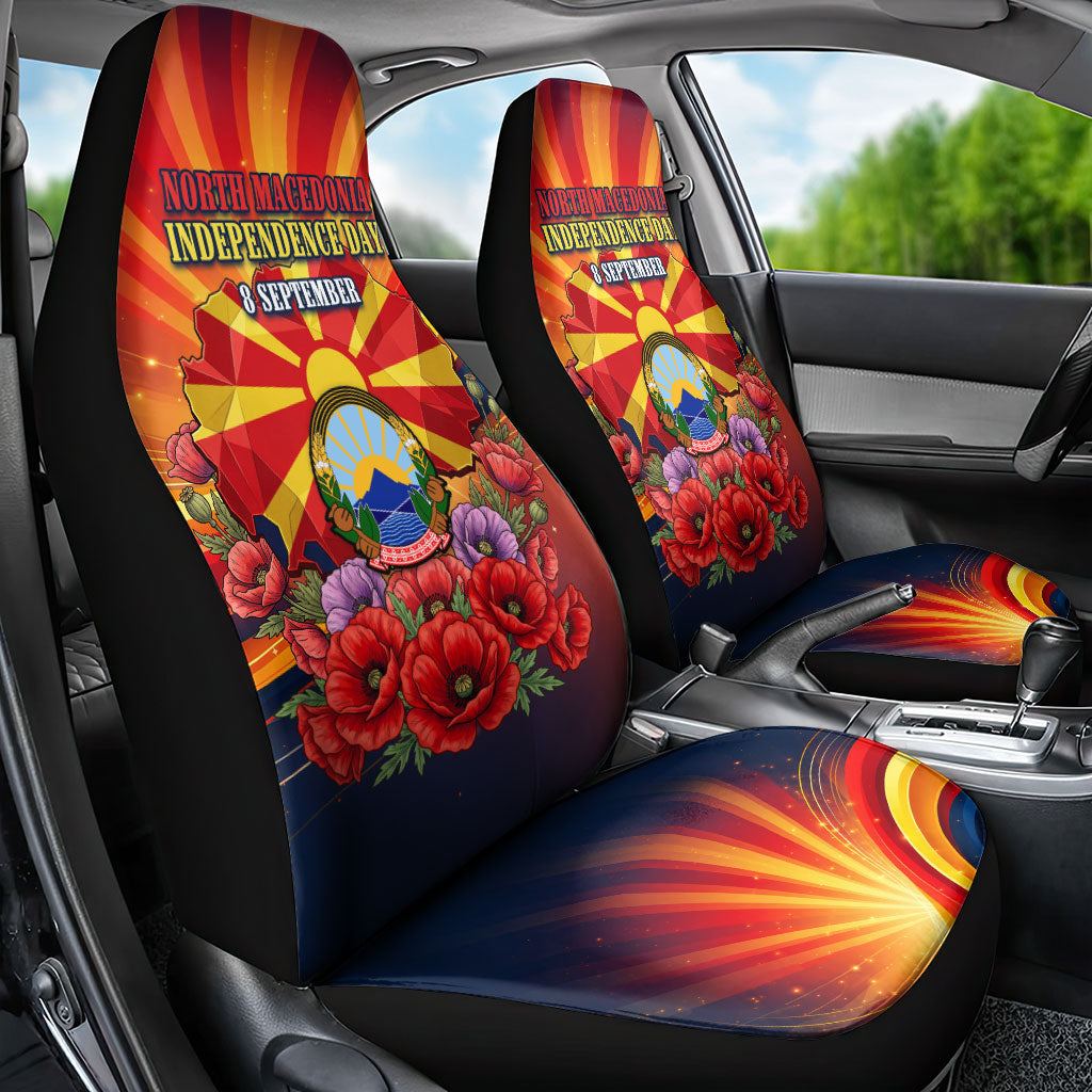 North Macedonia Independence Day Car Seat Cover Balkan Lynx Red Poppy Flowers Church Flag