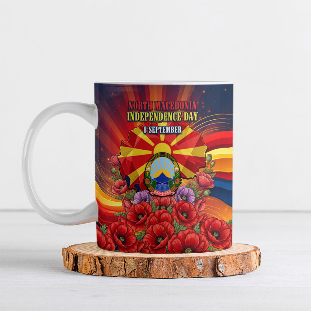 North Macedonia Independence Day Ceramic Mug Balkan Lynx Red Poppy Flowers Church Flag