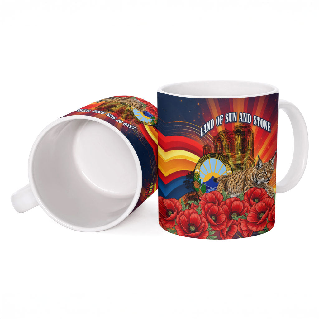 North Macedonia Independence Day Ceramic Mug Balkan Lynx Red Poppy Flowers Church Flag