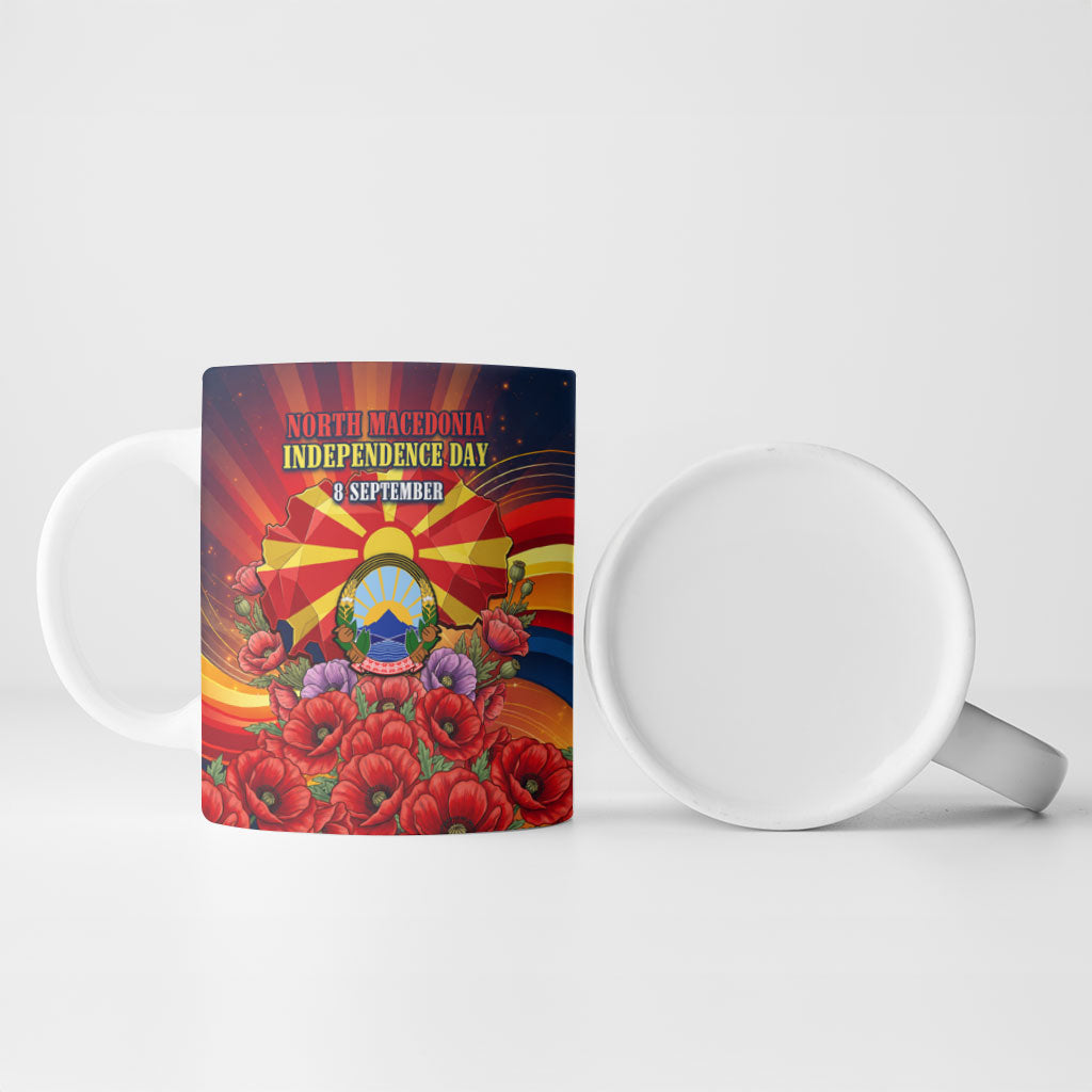 North Macedonia Independence Day Ceramic Mug Balkan Lynx Red Poppy Flowers Church Flag