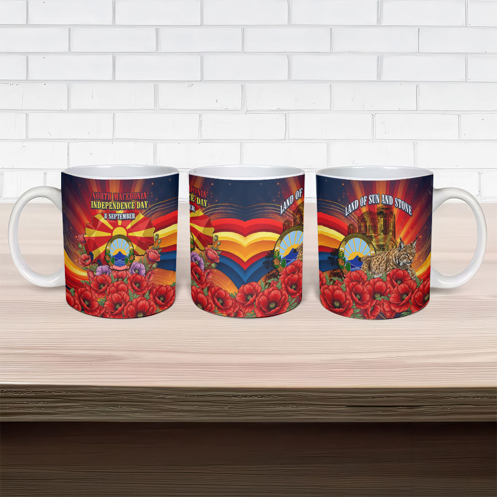 North Macedonia Independence Day Ceramic Mug Balkan Lynx Red Poppy Flowers Church Flag