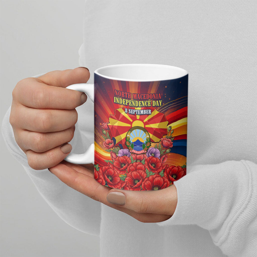 North Macedonia Independence Day Ceramic Mug Balkan Lynx Red Poppy Flowers Church Flag