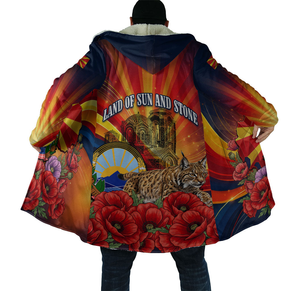 North Macedonia Independence Day Cloak Balkan Lynx Red Poppy Flowers Church Flag