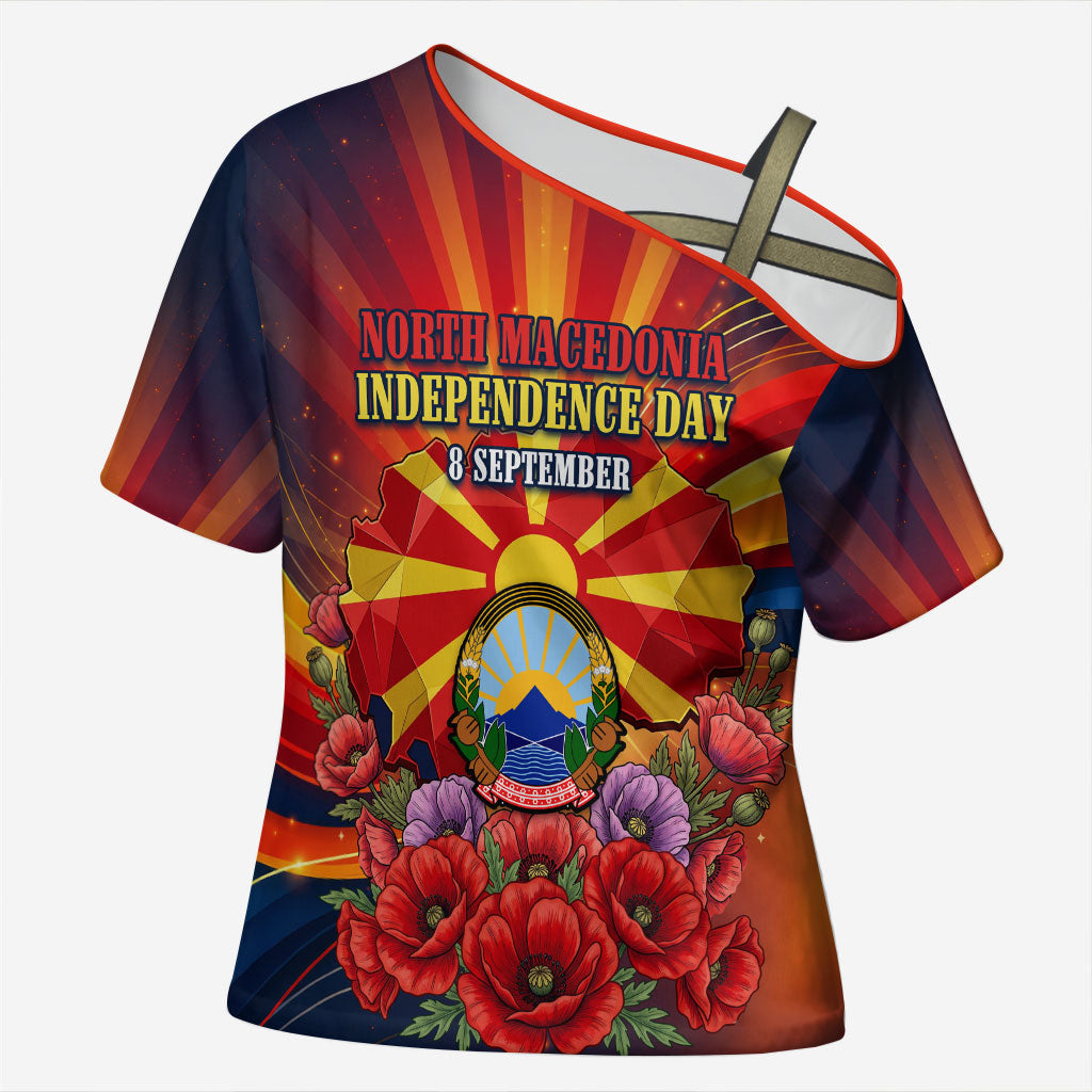 North Macedonia Independence Day Cross Shoulder Shirt Balkan Lynx Red Poppy Flowers Church Flag
