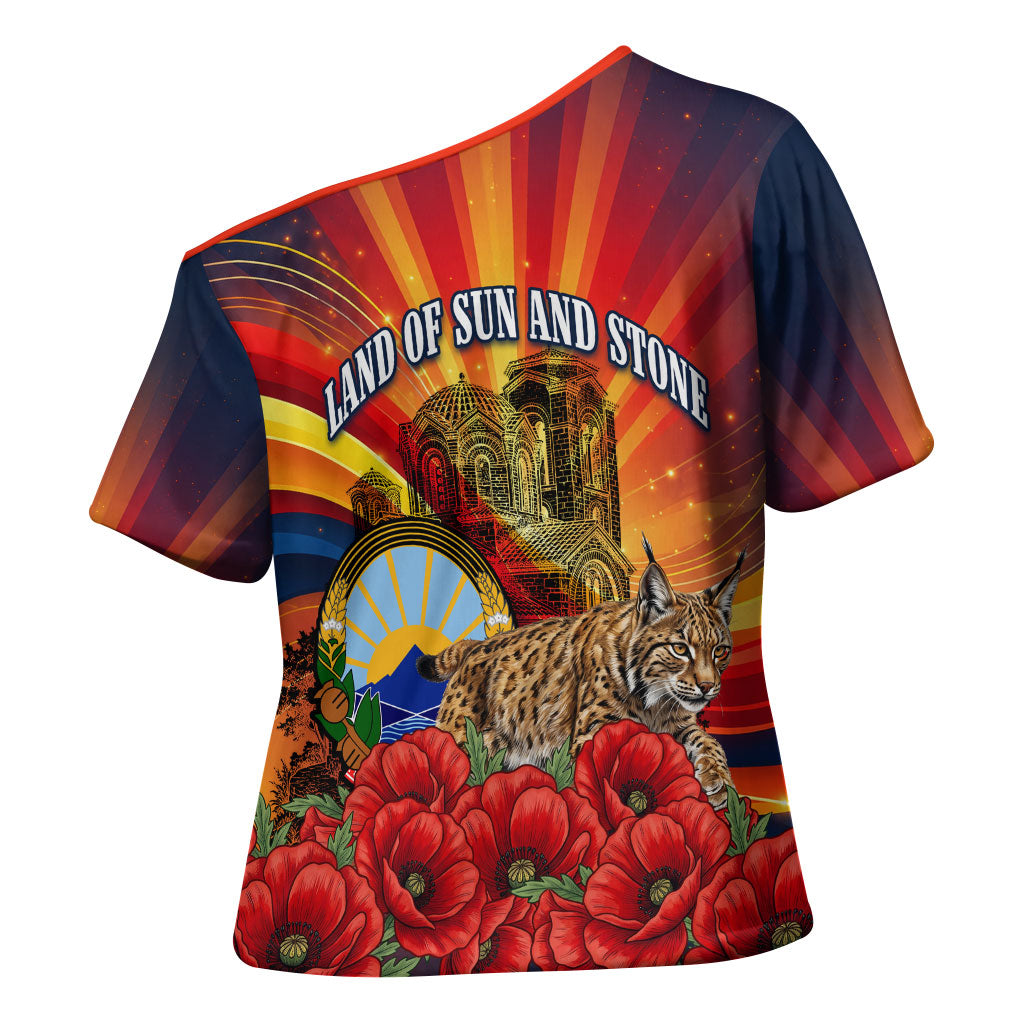 North Macedonia Independence Day Cross Shoulder Shirt Balkan Lynx Red Poppy Flowers Church Flag