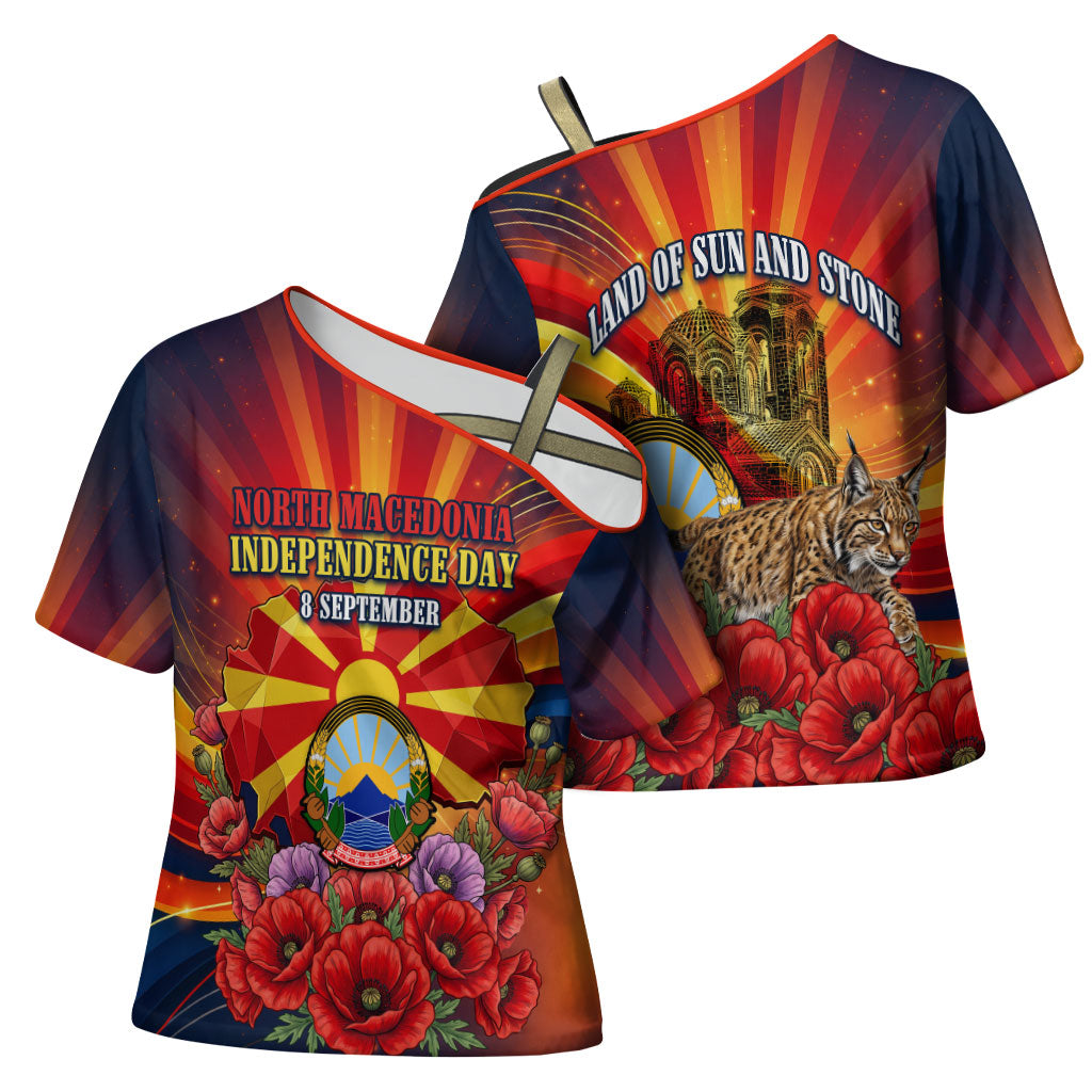 North Macedonia Independence Day Cross Shoulder Shirt Balkan Lynx Red Poppy Flowers Church Flag