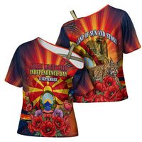 North Macedonia Independence Day Cross Shoulder Shirt Balkan Lynx Red Poppy Flowers Church Flag