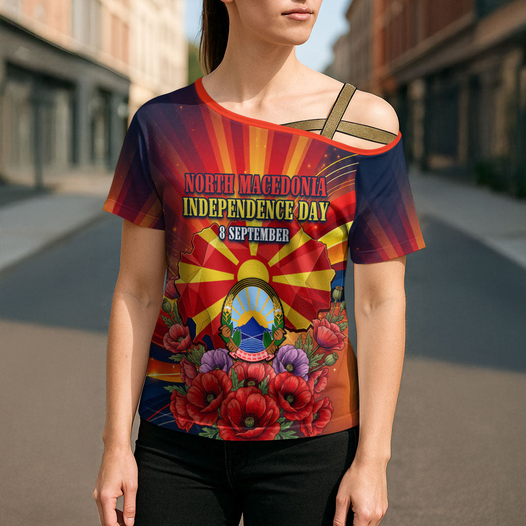 North Macedonia Independence Day Cross Shoulder Shirt Balkan Lynx Red Poppy Flowers Church Flag
