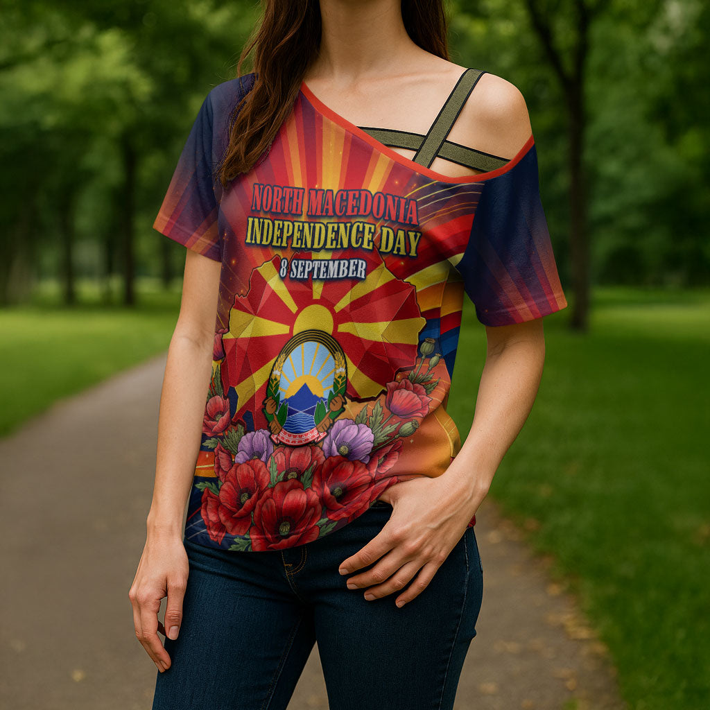 North Macedonia Independence Day Cross Shoulder Shirt Balkan Lynx Red Poppy Flowers Church Flag