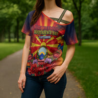 North Macedonia Independence Day Cross Shoulder Shirt Balkan Lynx Red Poppy Flowers Church Flag