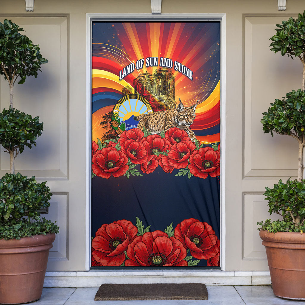 North Macedonia Independence Day Door Cover Balkan Lynx Red Poppy Flowers Church Flag