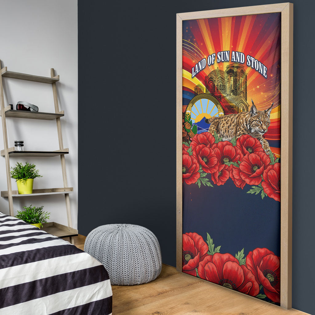 North Macedonia Independence Day Door Cover Balkan Lynx Red Poppy Flowers Church Flag