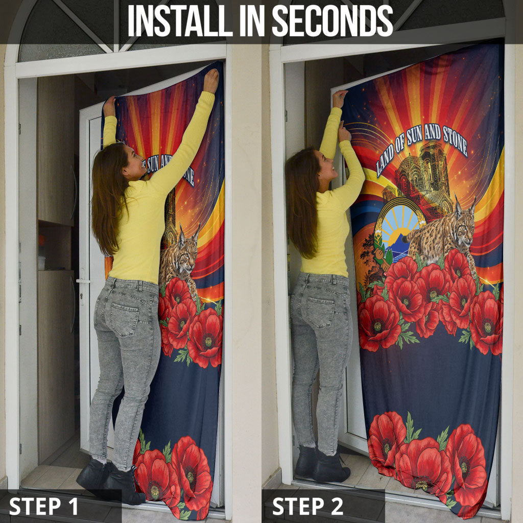 North Macedonia Independence Day Door Cover Balkan Lynx Red Poppy Flowers Church Flag