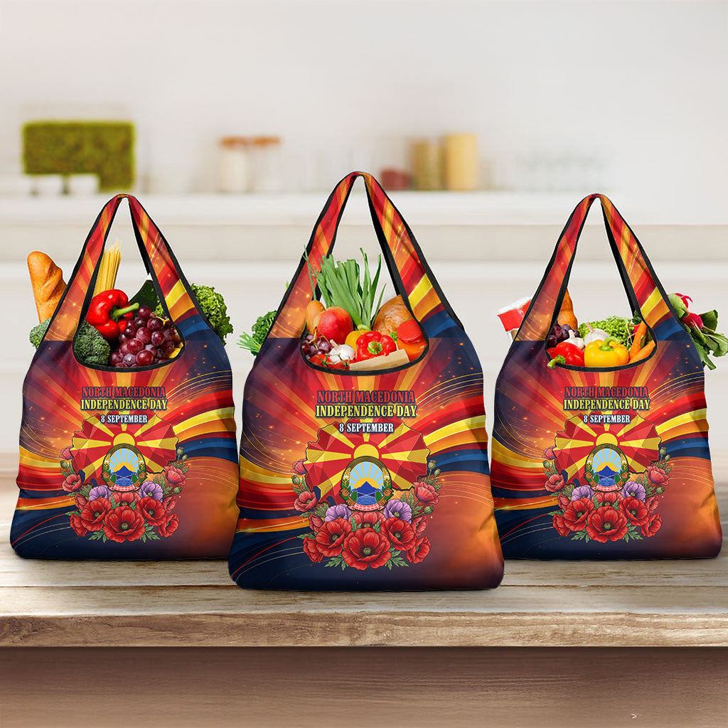 North Macedonia Independence Day Grocery Bag Balkan Lynx Red Poppy Flowers Church Flag