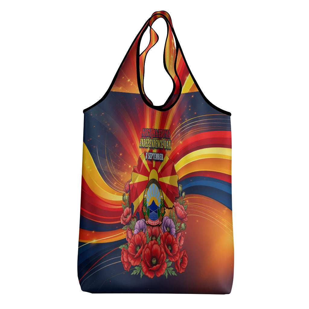 North Macedonia Independence Day Grocery Bag Balkan Lynx Red Poppy Flowers Church Flag