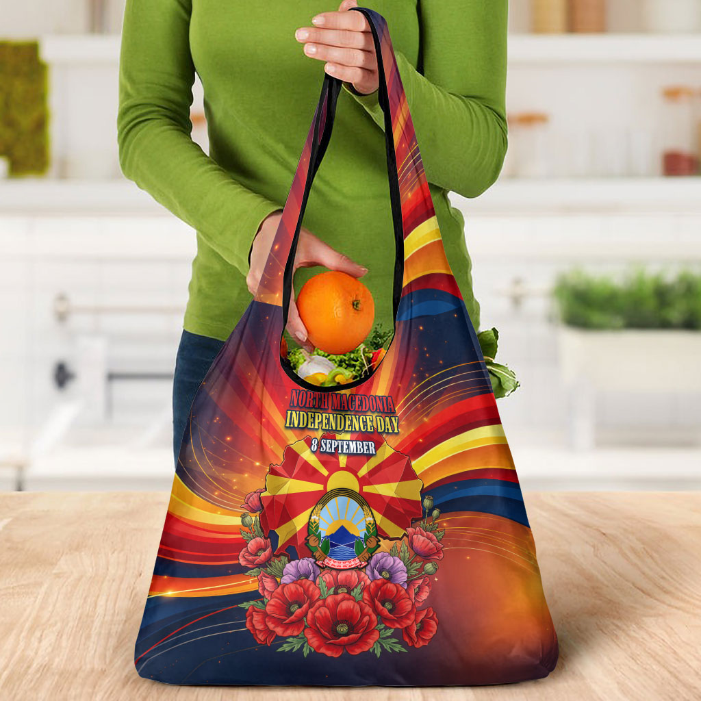North Macedonia Independence Day Grocery Bag Balkan Lynx Red Poppy Flowers Church Flag
