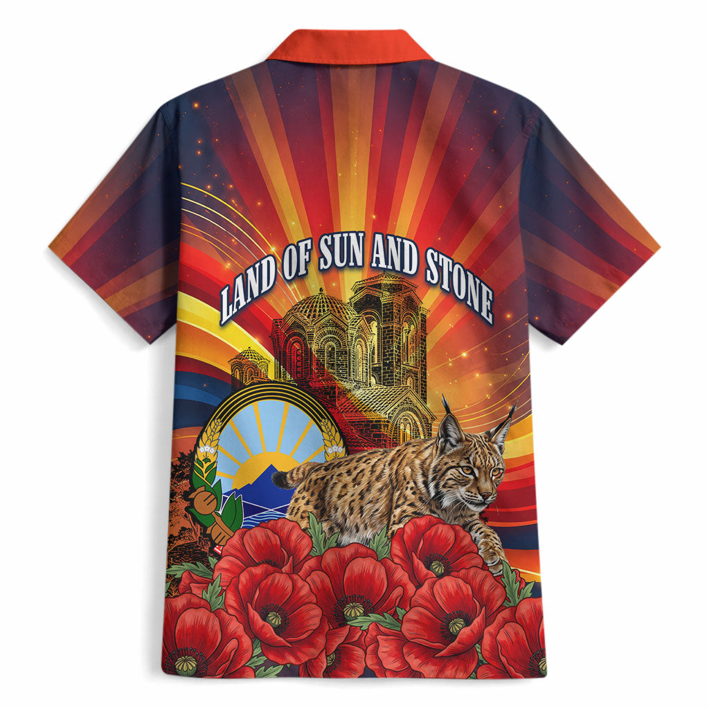 North Macedonia Independence Day Hawaiian Shirt Balkan Lynx Red Poppy Flowers Church Flag