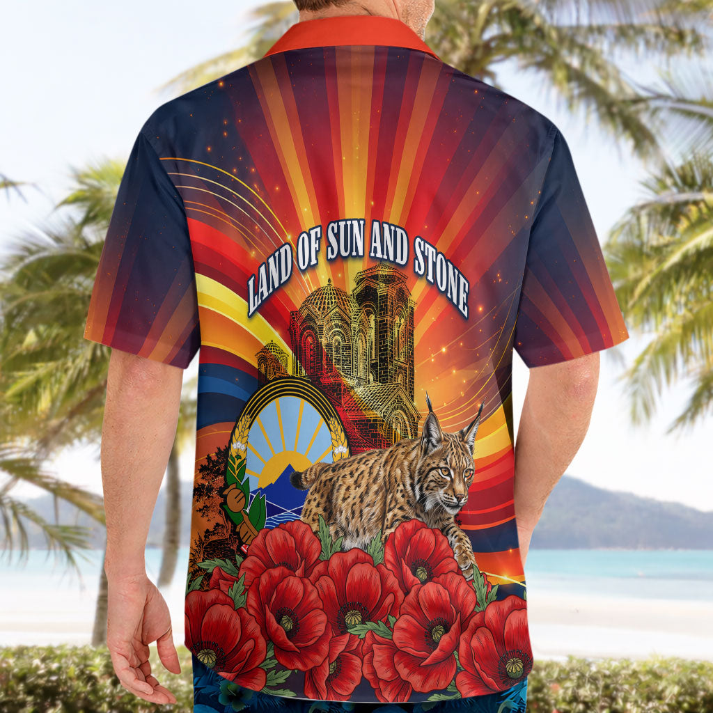 North Macedonia Independence Day Hawaiian Shirt Balkan Lynx Red Poppy Flowers Church Flag