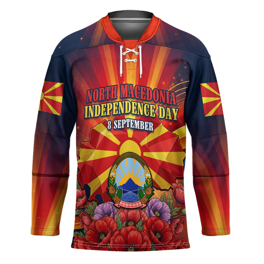 North Macedonia Independence Day Hockey Jersey Balkan Lynx Red Poppy Flowers Church Flag