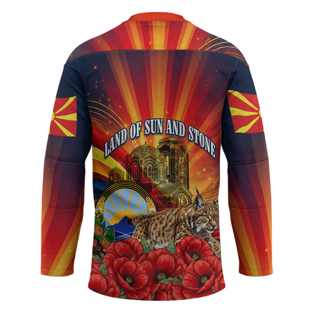 North Macedonia Independence Day Hockey Jersey Balkan Lynx Red Poppy Flowers Church Flag
