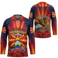 North Macedonia Independence Day Hockey Jersey Balkan Lynx Red Poppy Flowers Church Flag