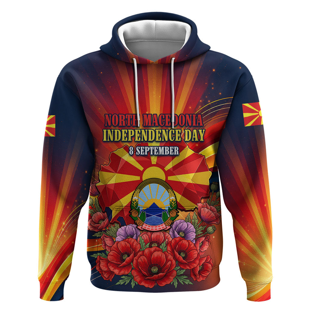 North Macedonia Independence Day Hoodie Balkan Lynx Red Poppy Flowers Church Flag