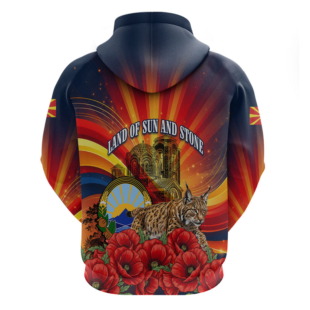 North Macedonia Independence Day Hoodie Balkan Lynx Red Poppy Flowers Church Flag